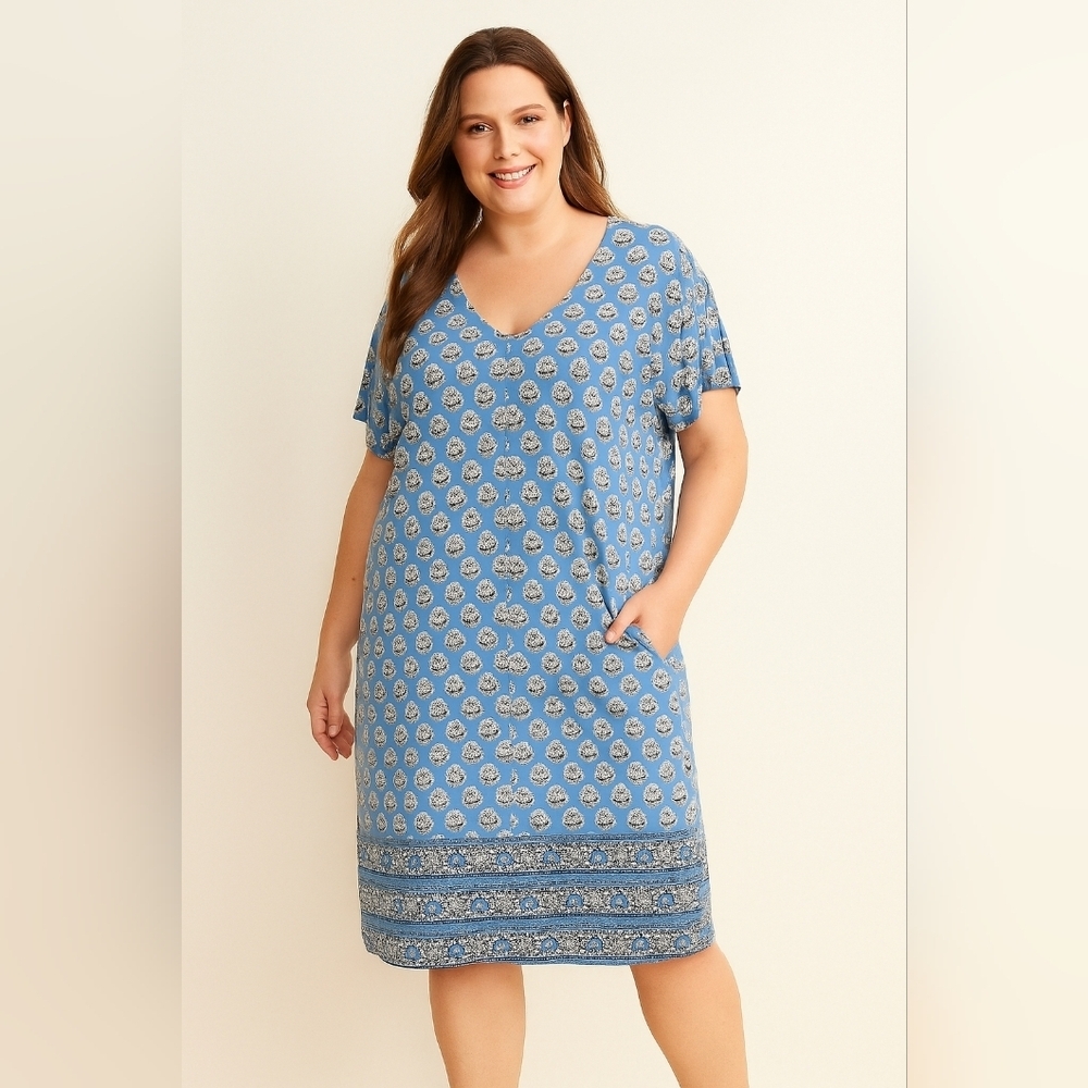 J. Jill Wearever Collection Tshirt Dress Blue Floral Boho Jersey‎ Knit Size 3x